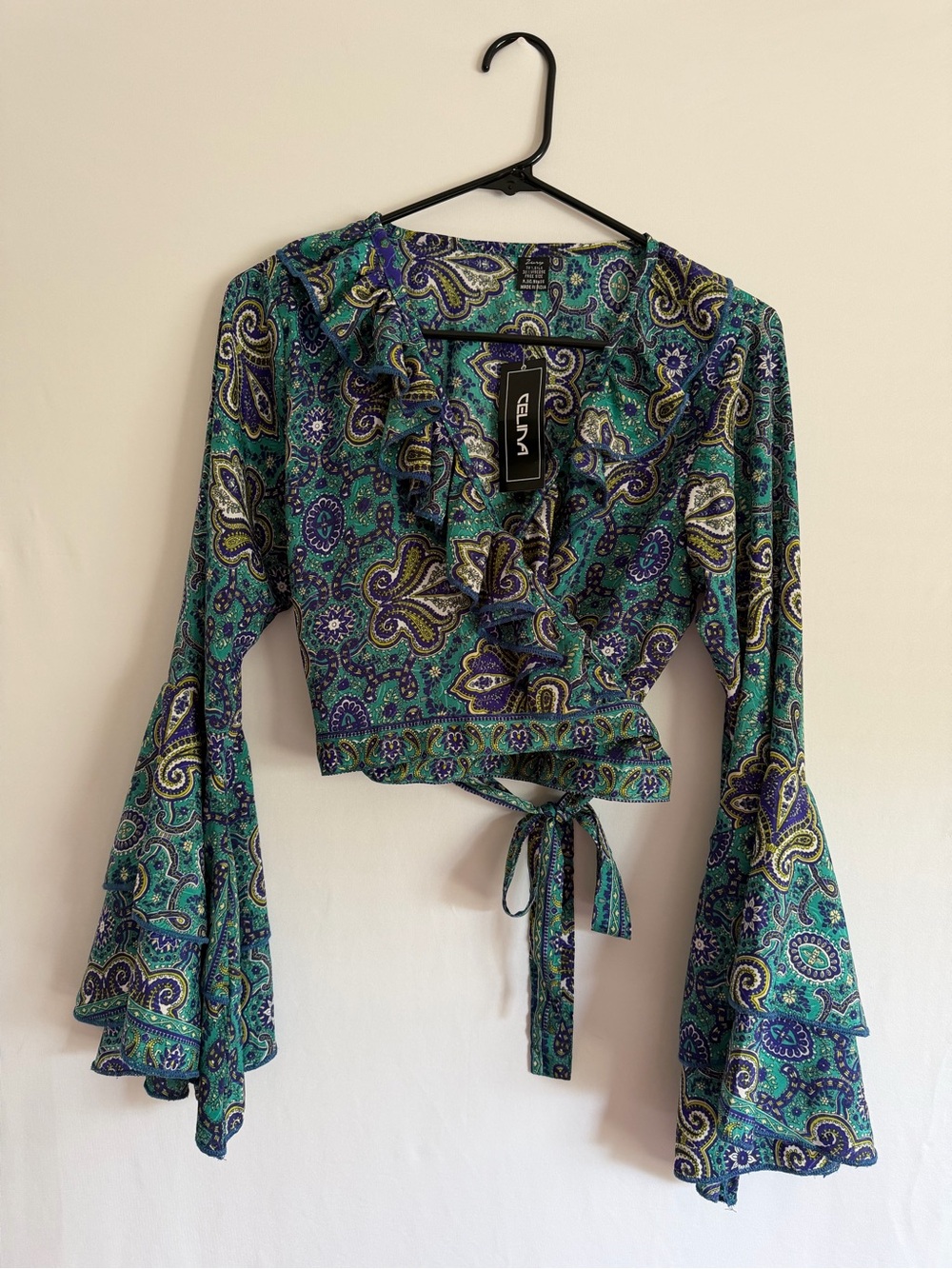 Zury SILK Blend Paisley Open Wrap Crop Top Ruffle Bell Sleeve Free Size